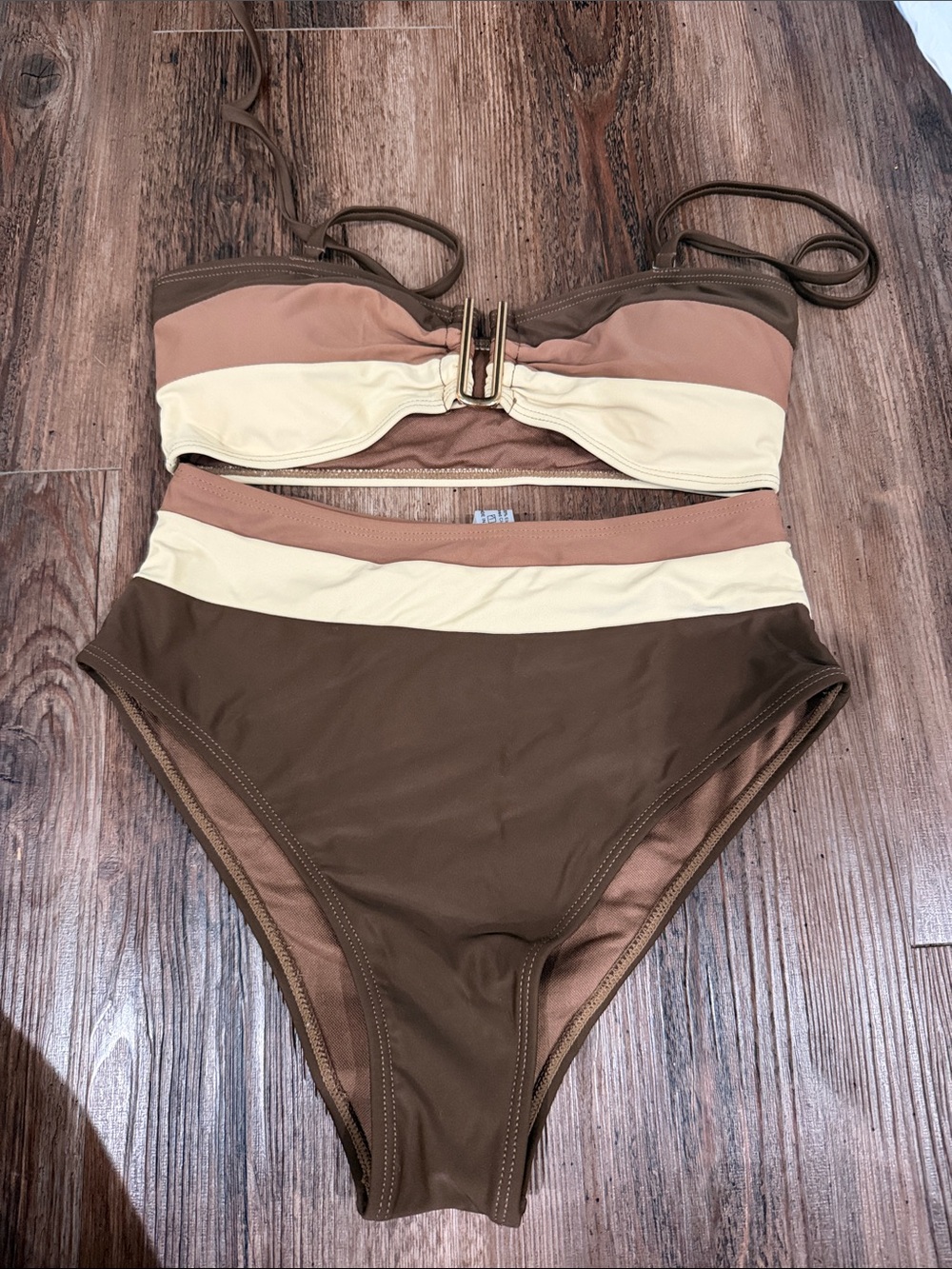 High-Waist Colorblock Bikini Set in Brown and Cream